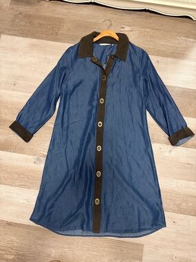 NWT Soft Surroundings Women's Blue Button-Front Long dress with Contrast Trim